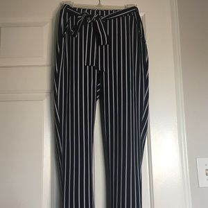 High-Waisted Navy Blue Striped Paperbag Pants